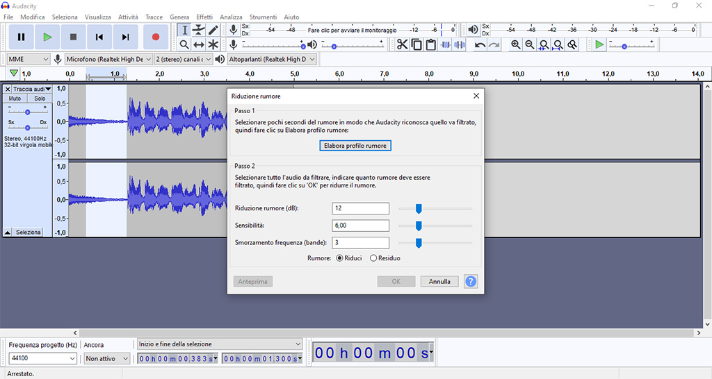 La schermata di riduzione del rumore su Audacity