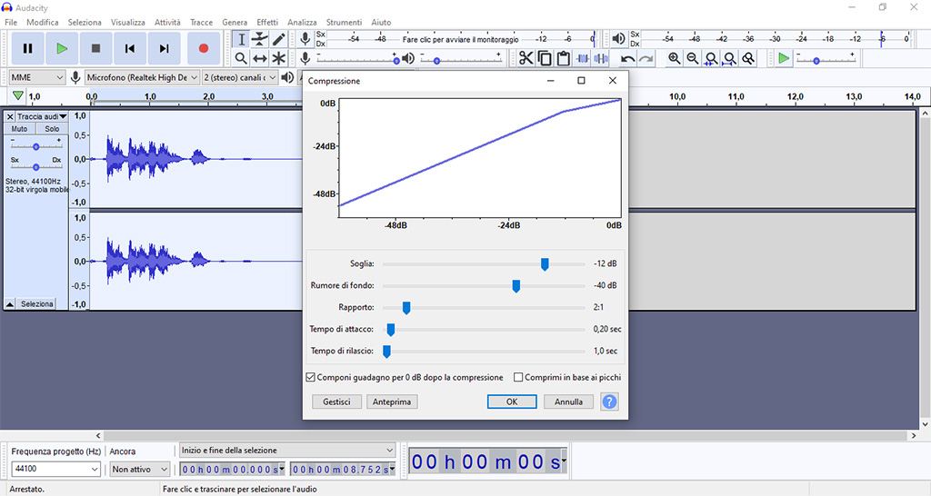 La schermata di compressione audio Audacity per eliminare il rumore